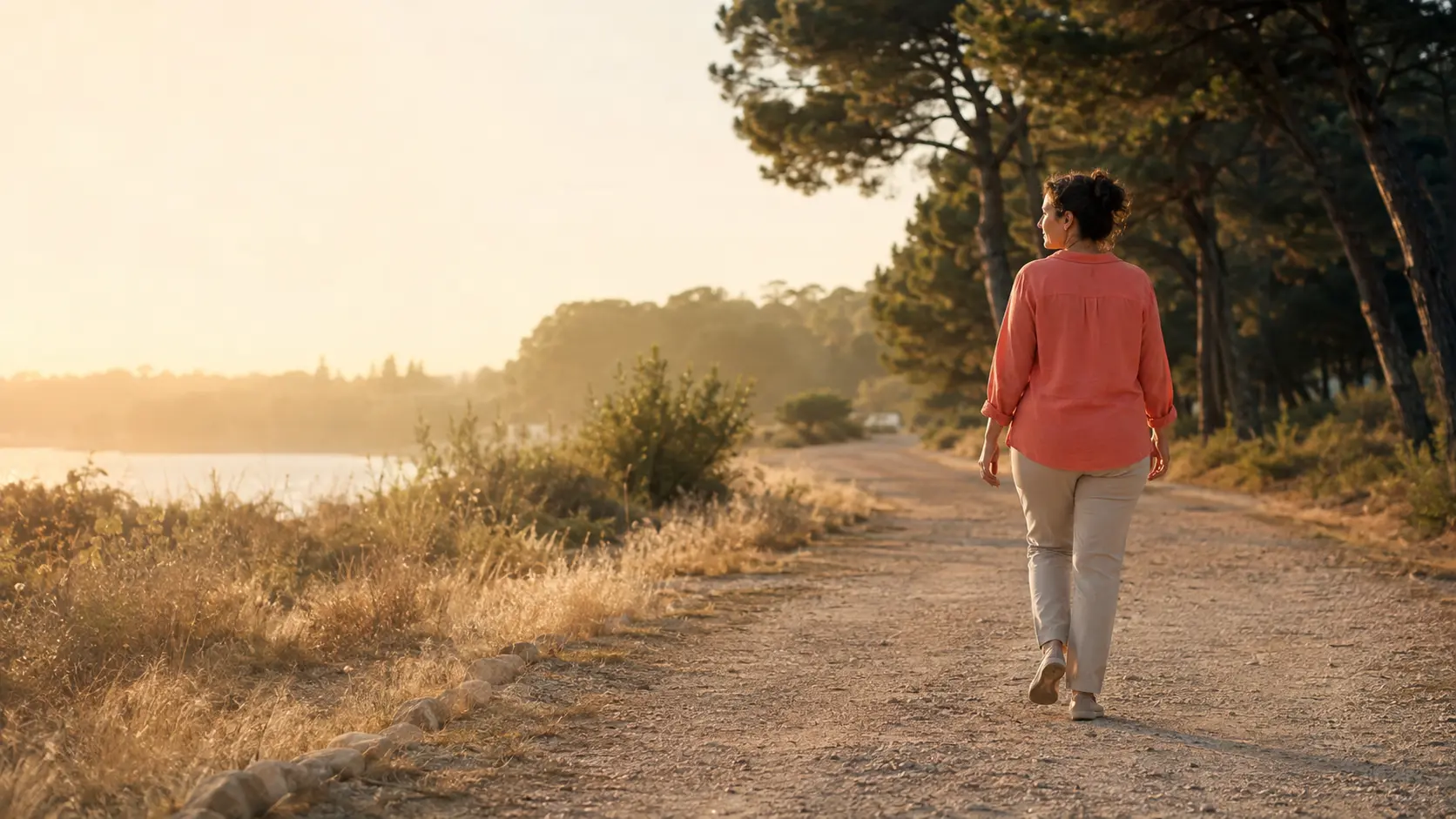 Une femme marche sereinement sur un chemin naturel